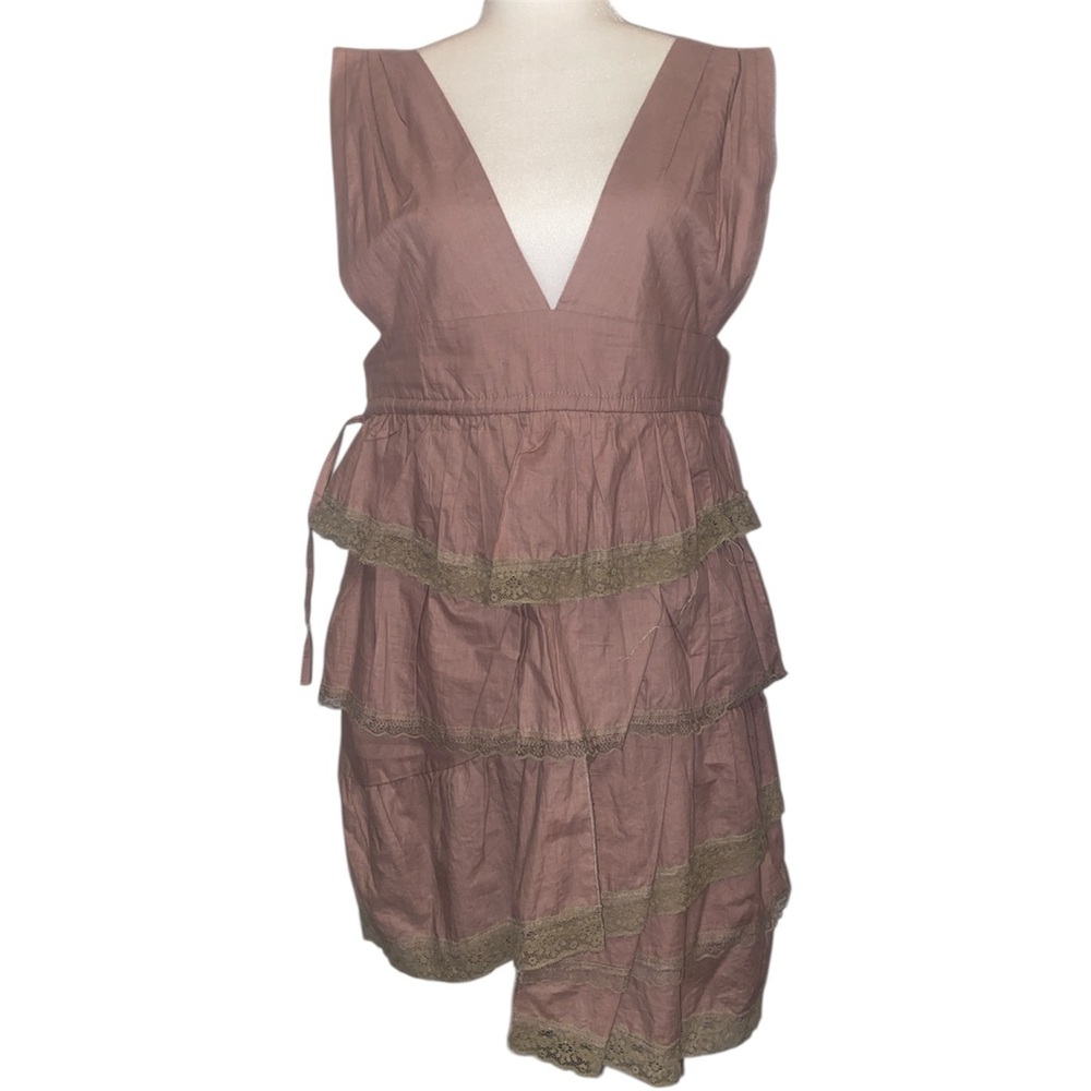 Sleeveless Tiered V-Neck Pink Brown Mini Dress